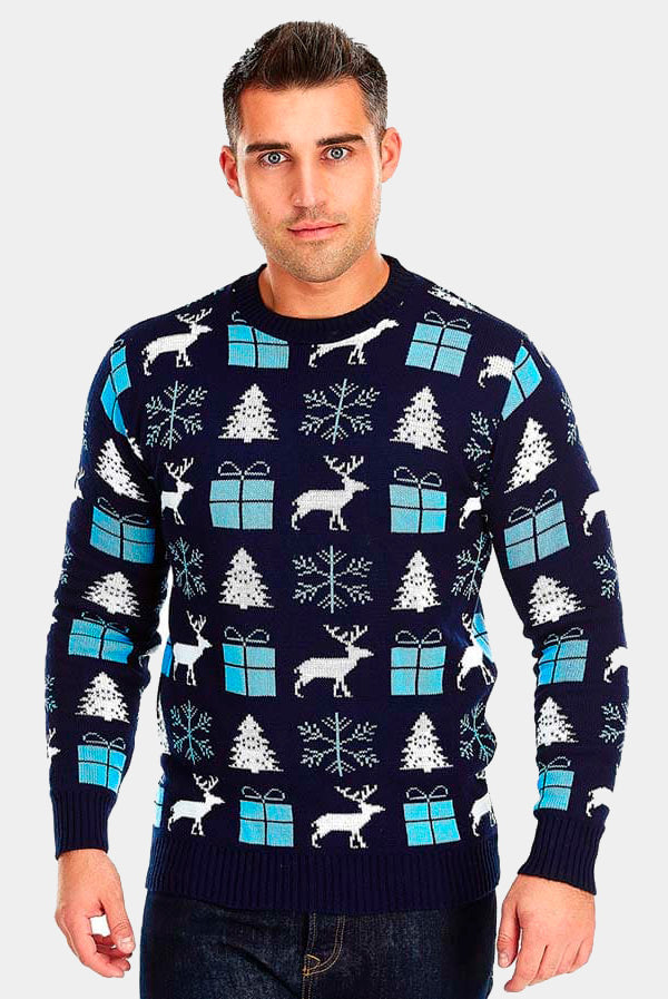 Pull de Noël pour Couple Bleu avec Rennes, Cadeaux et Sapins homme