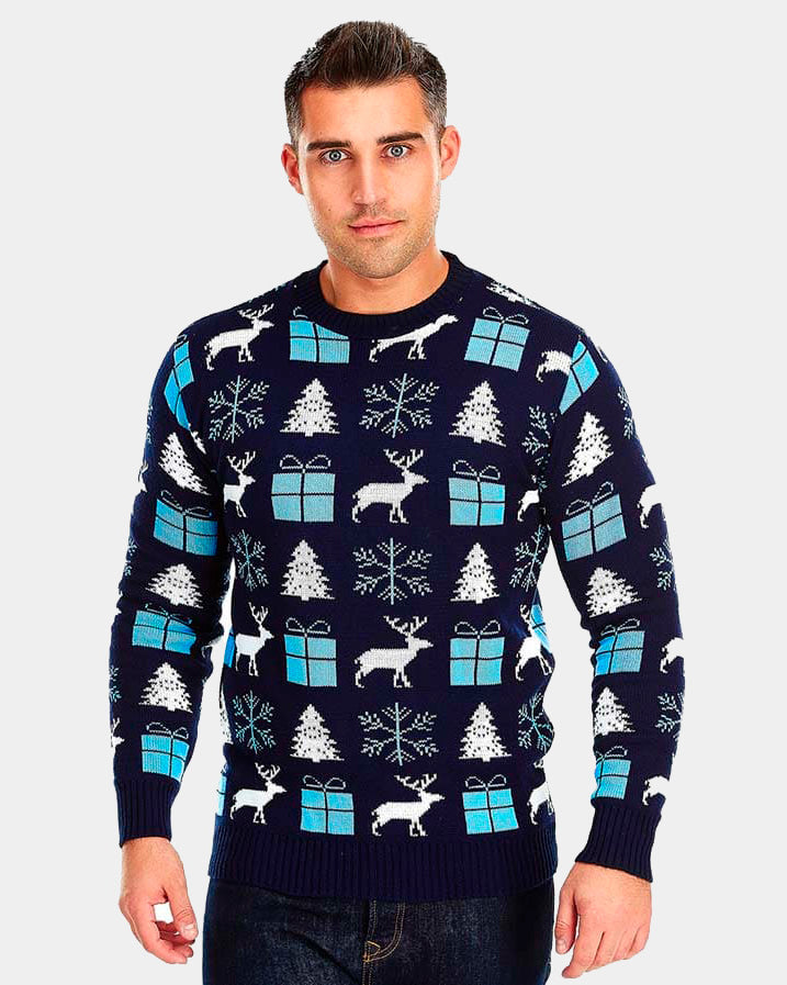 Pull de Noël pour Couple Bleu avec Rennes, Cadeaux et Sapins homme