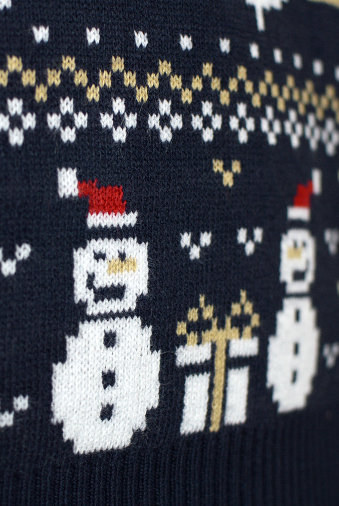 Pull de Noël et Sapins Couple Bleu Bonhommes de Neige