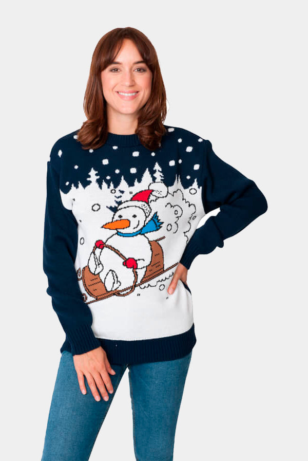 Pull de Noël pour Couple Bonhomme de Neige en Traîneau femme