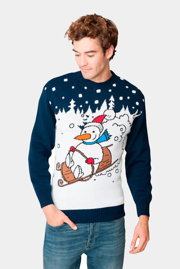 Pull de Noël pour Couple Bonhomme de Neige en Traîneau homme