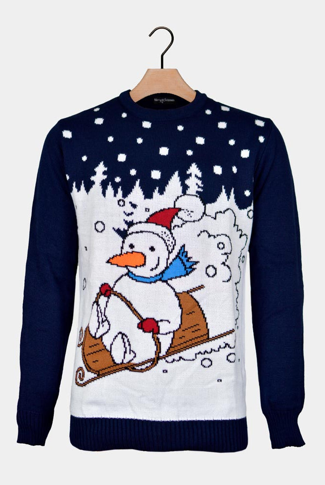 Pull de Noël pour Couple Bonhomme de Neige en Traîneau