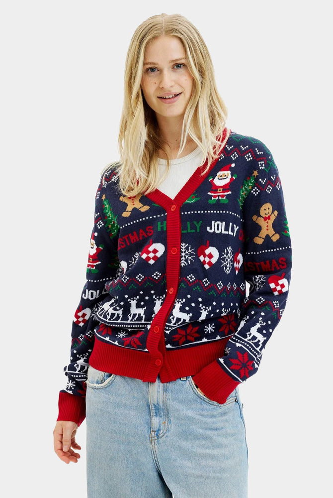 Pull de Noël Cardigan pour Couple Bleu et Rouge Femme