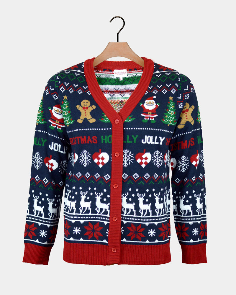 Pull de Noël Cardigan Holly Jolly Couple Bleu et Rouge