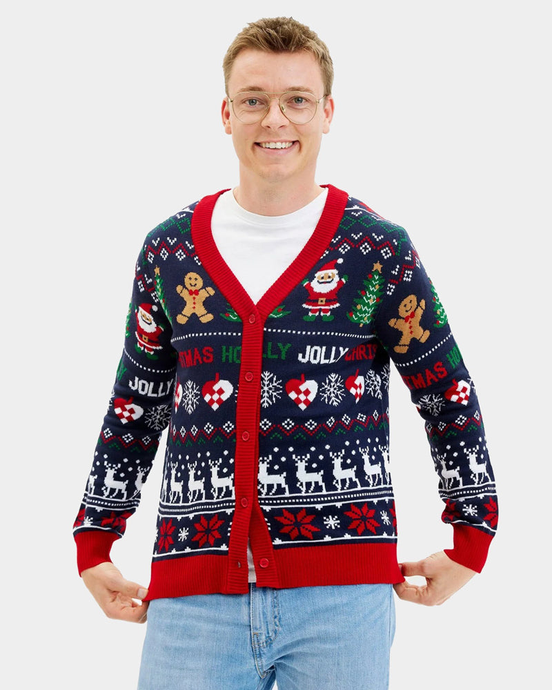 Pull de Noël Cardigan pour Couple Bleu et Rouge Homme
