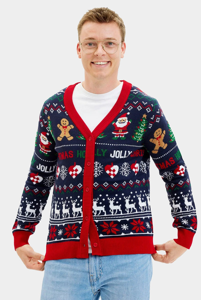 Pull de Noël Cardigan pour Couple Bleu et Rouge Homme