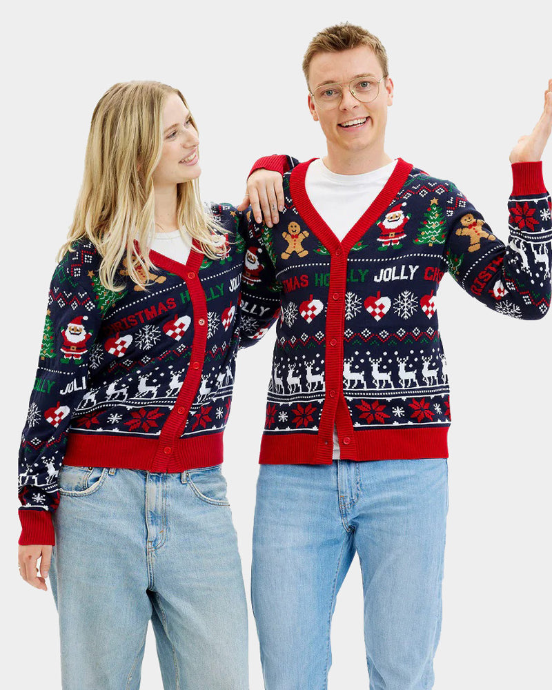 Pull de Noël Cardigan pour Couple Bleu et Rouge