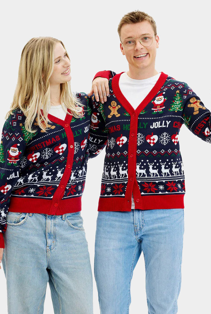 Pull de Noël Cardigan pour Couple Bleu et Rouge
