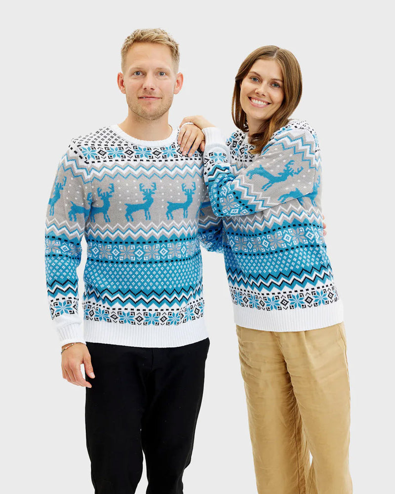 Pull de Noël Chic Couple Blanc, Gris et Bleu avec Rennes
