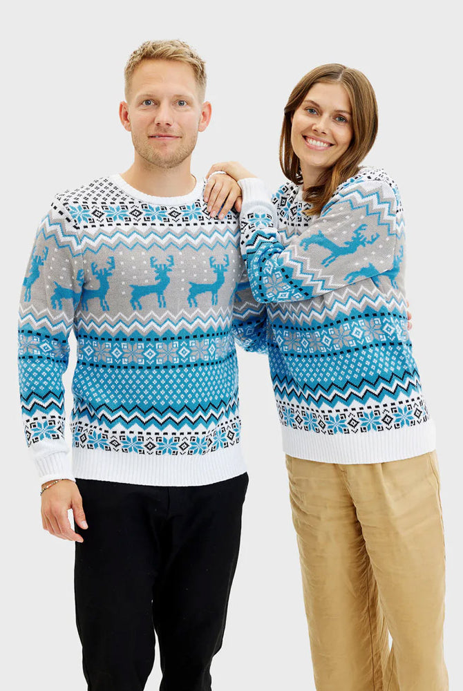 Pull de Noël Chic Couple Blanc, Gris et Bleu avec Rennes