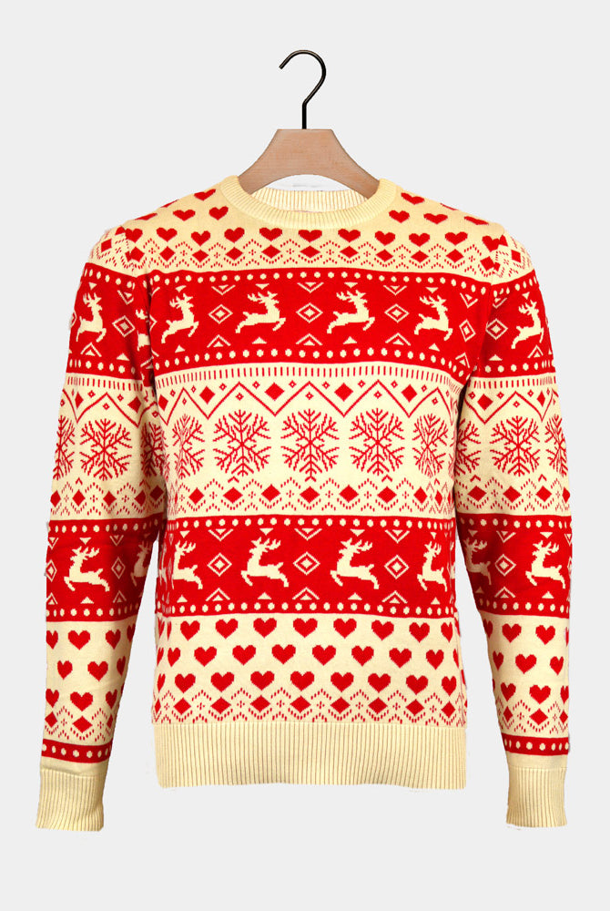 Pull de Noël pour Couple avec Cœurs et Beige Coton Bio Rouges
