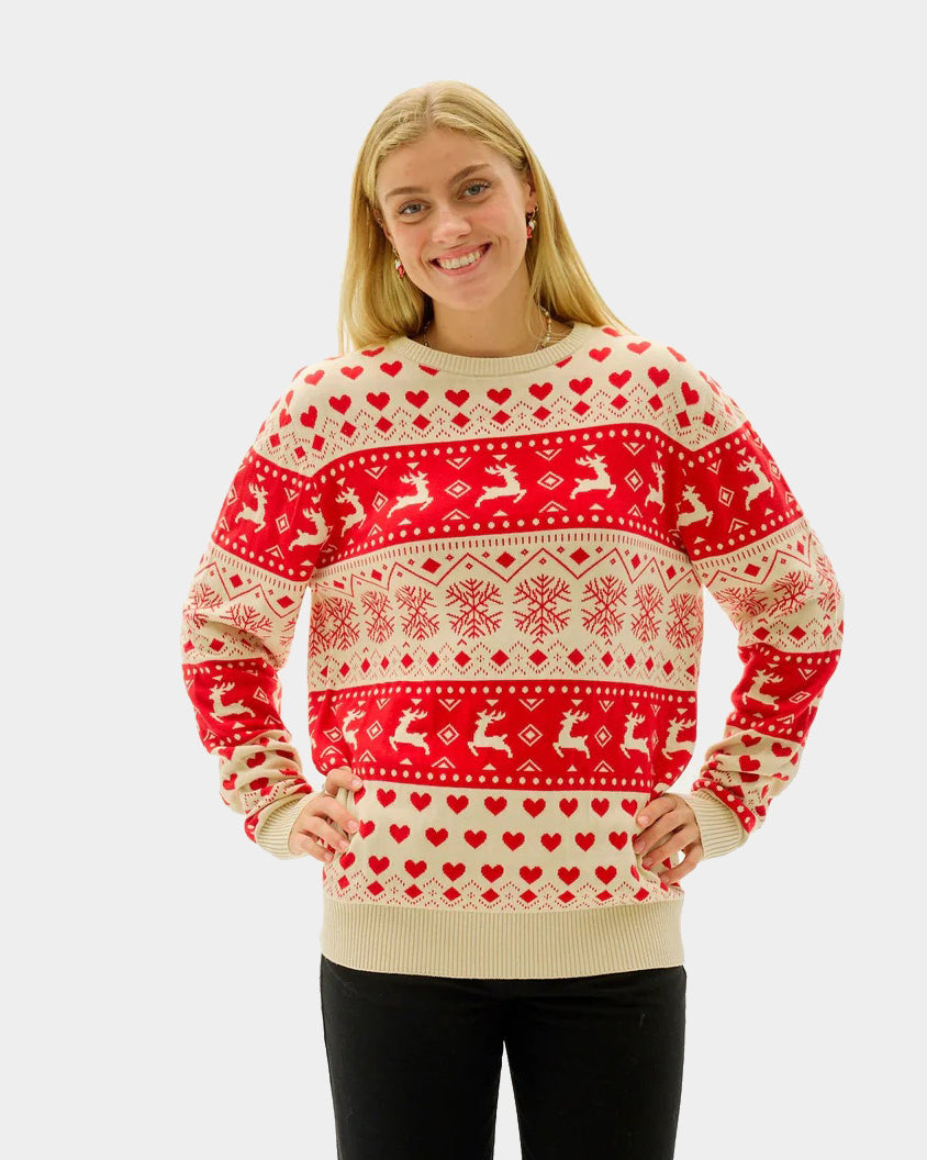 femme Pull de Noël pour Couple avec Cœurs Rouges et Beige Coton Bio