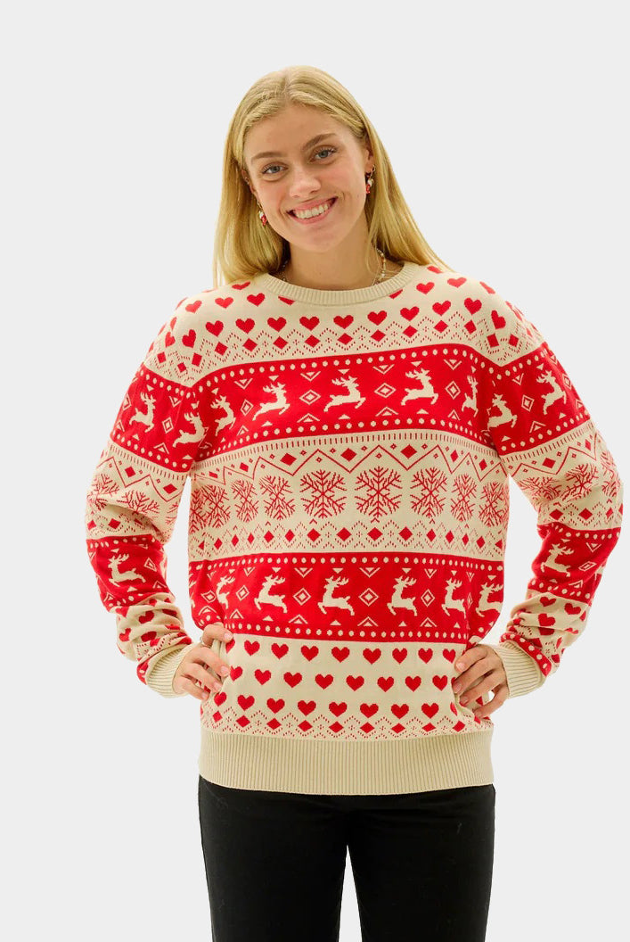 femme Pull de Noël pour Couple avec Cœurs Rouges et Beige Coton Bio