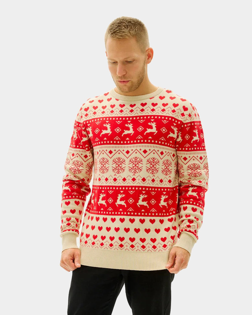 homme Pull de Noël pour Couple avec Cœurs Rouges et Beige Coton Bio