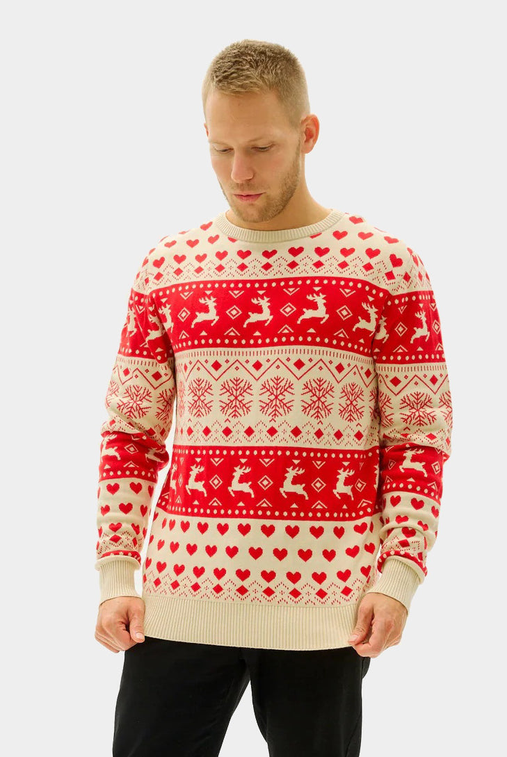homme Pull de Noël pour Couple avec Cœurs Rouges et Beige Coton Bio