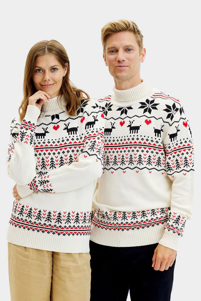 Pull de Noël pour Couple à Col Roulé Chic Beige Coton Bio