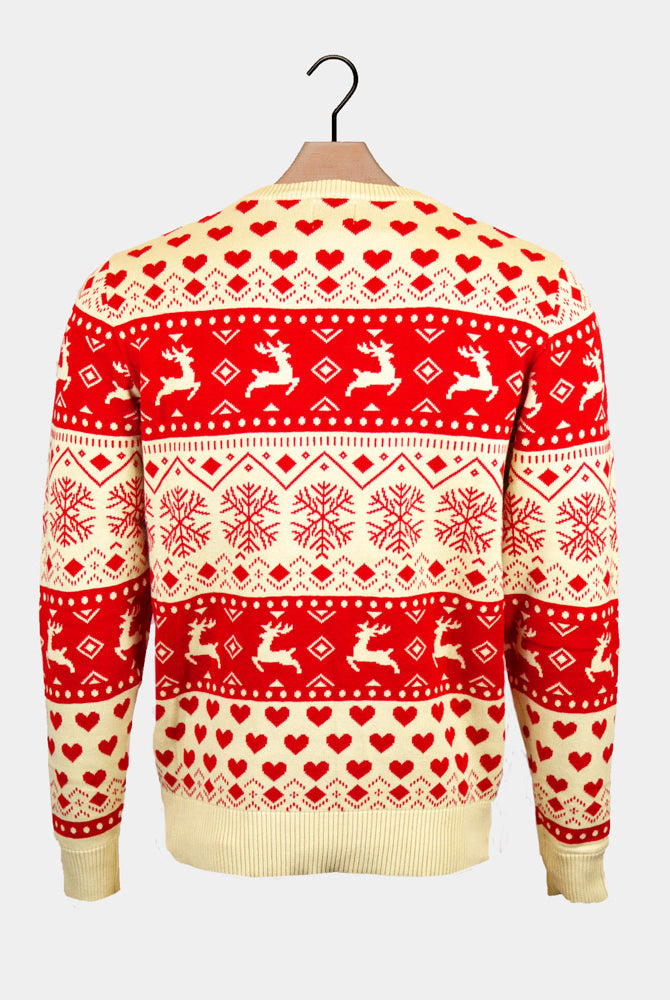 Pull de Noël pour Couple Coton Bio Cœurs Rouges et Beige