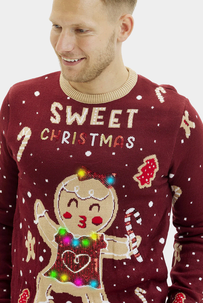 Pull de Noël pour Couple homme Lumineux LED Rouge Ginger Cookie
