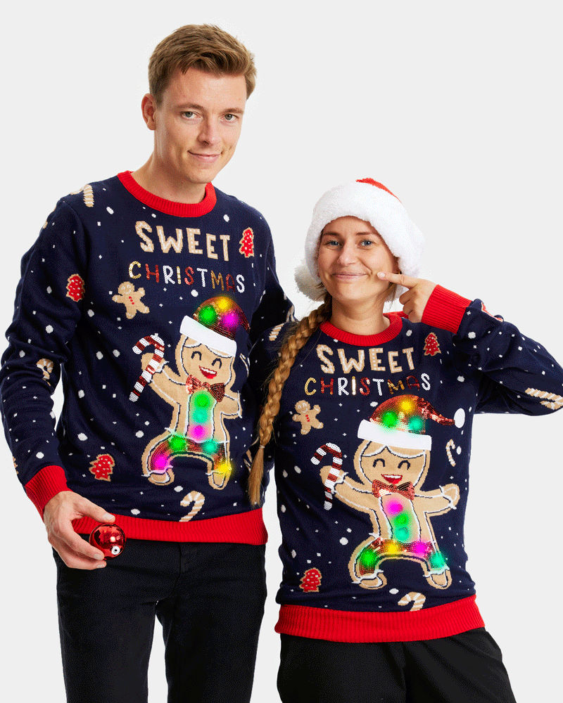 Pull de Noël pour Couple Lumineux LED Bleu Ginger Cookie