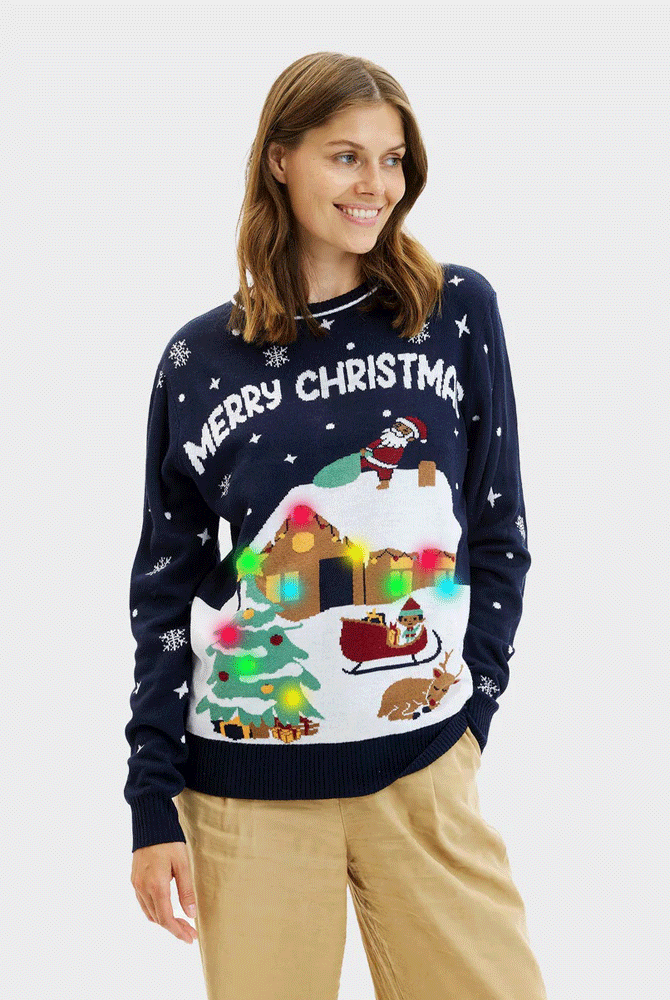 Pull de Noël pour Couple Lumineux LED Bleu Merry Christmas Femme