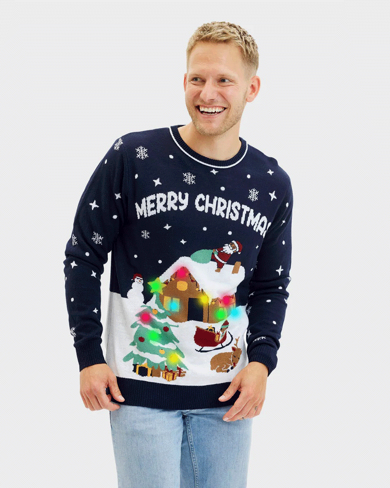 Pull de Noël pour Couple Lumineux LED Bleu Merry Christmas Femme