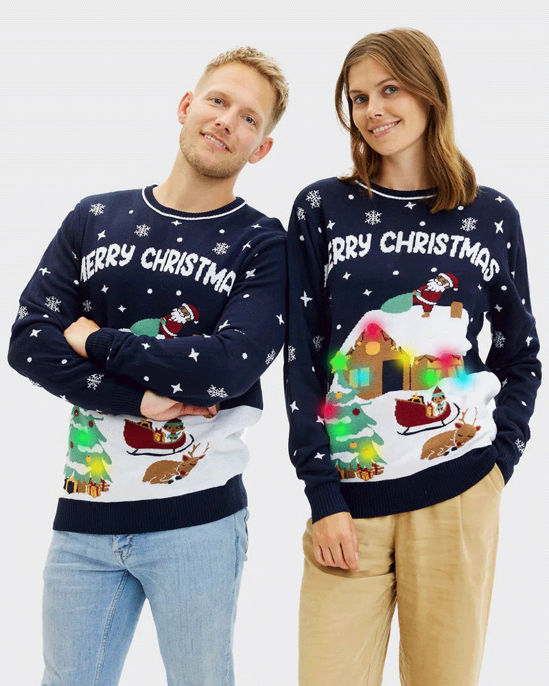 Pull de Noël pour Couple Lumineux LED Bleu Merry Christmas