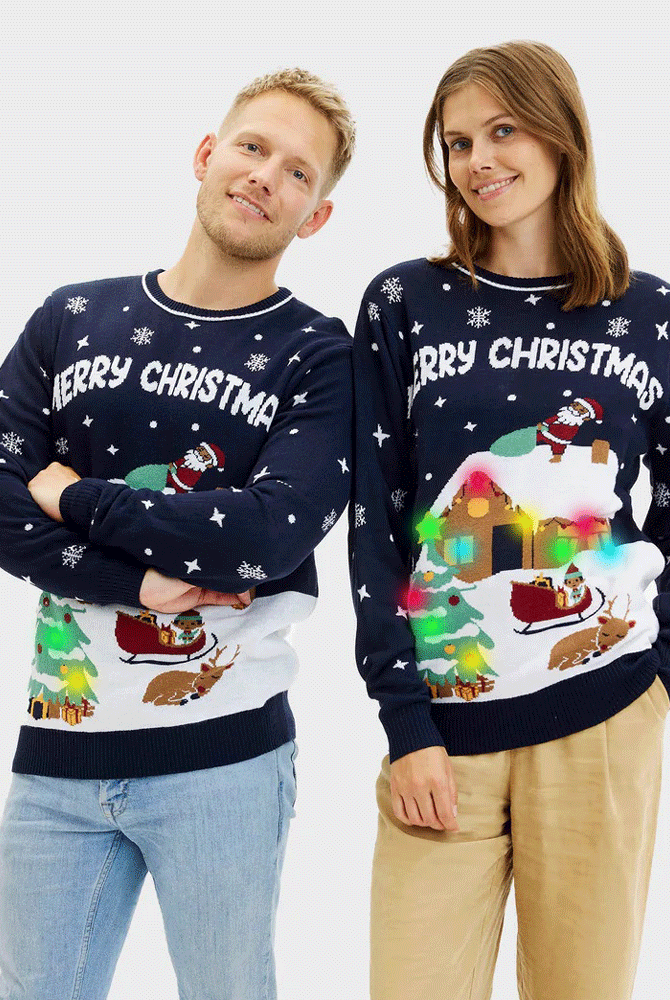 Pull de Noël pour Couple Lumineux LED Bleu Merry Christmas