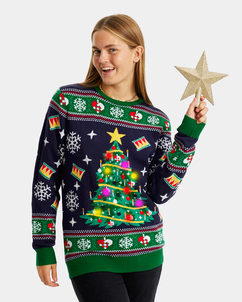 Pull de Noël pour Couple Lumineux LED Bleu avec Sapin de Noël femme
