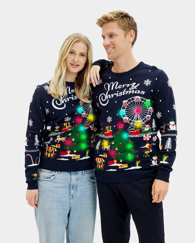 Pull de Noël pour Couple Lumineux LED Marché de Noël