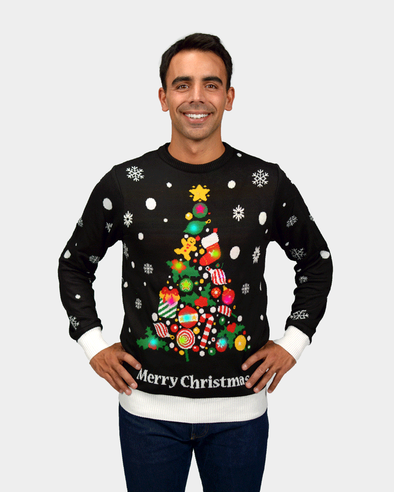 Pull de Noël pour Couple Homme Lumineux LED Noire Sapin de Noël