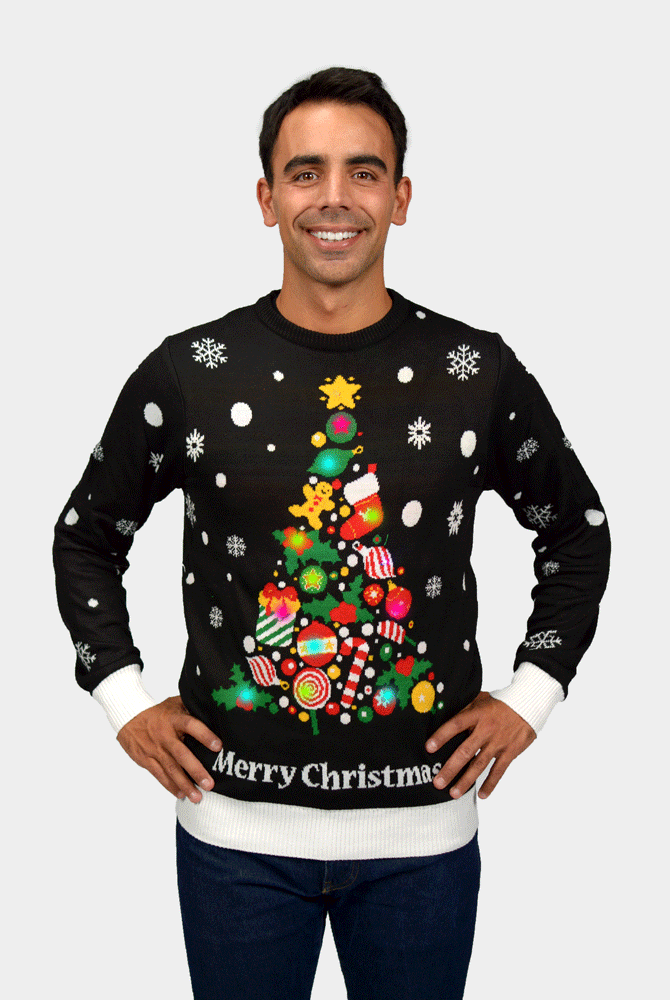 Pull de Noël pour Couple Homme Lumineux LED Noire Sapin de Noël
