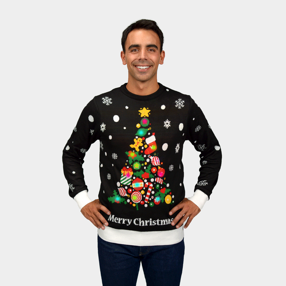 Pull de Noël pour Couple Homme Lumineux LED Noire Sapin de Noël