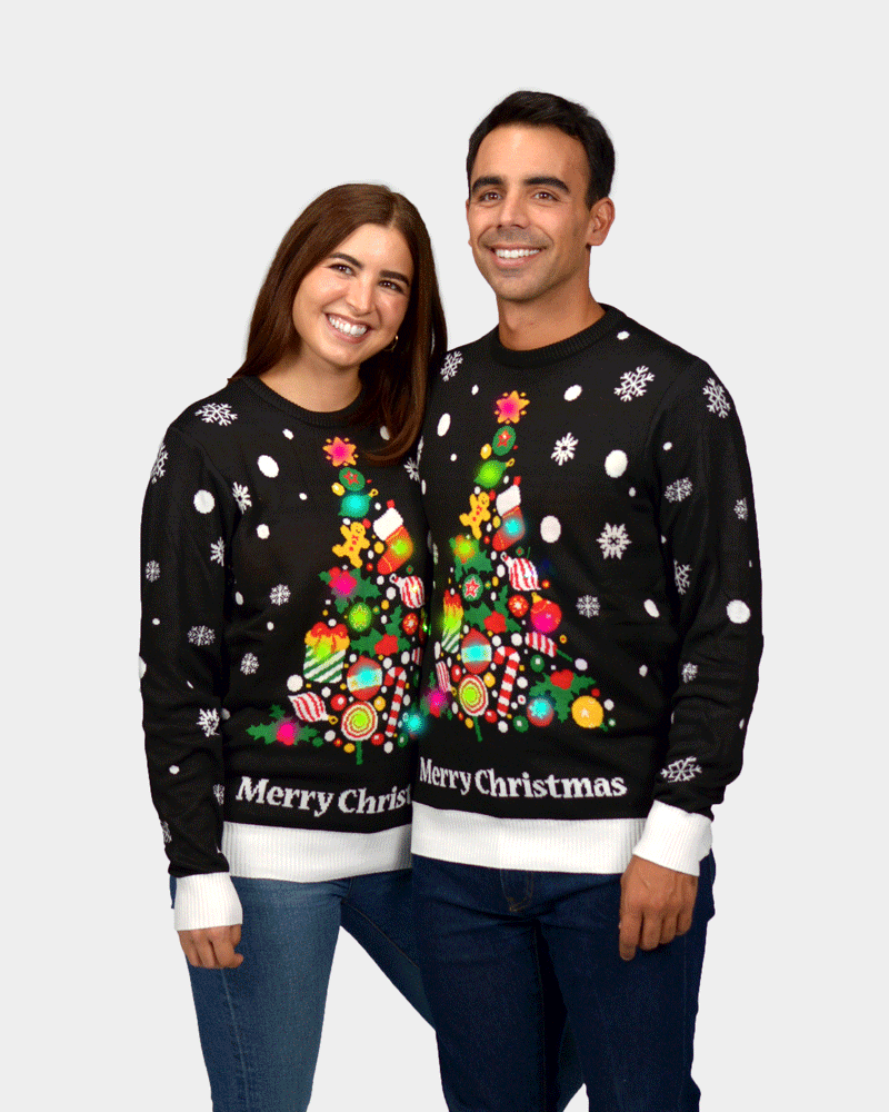 Pull de Noël pour Couple Lumineux LED Noire Sapin de Noël