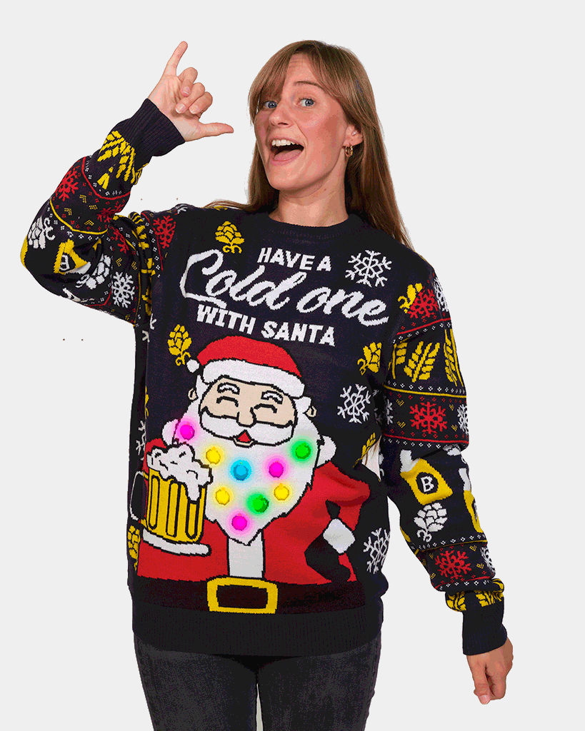 Pull de Noël pour Couple Lumineux LED Père Noël avec Bière femme