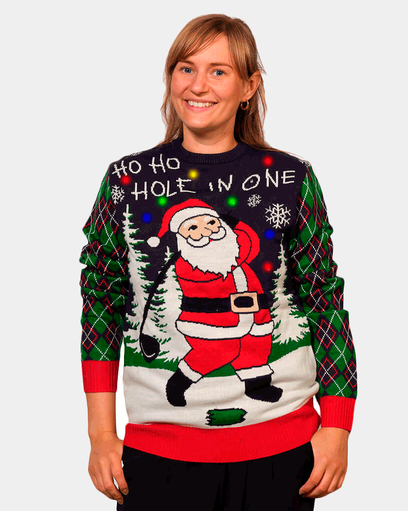 Pull de Noël pour Couple Lumineux LED Père Noël jouant au Golf femme