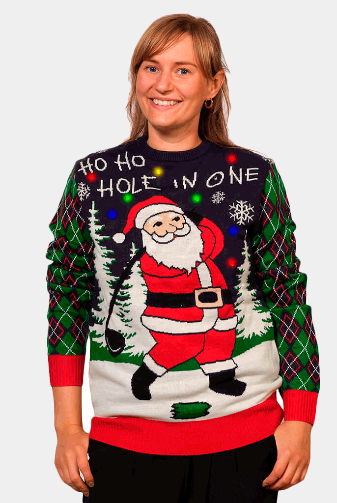 Pull de Noël pour Couple Lumineux LED Père Noël jouant au Golf femme