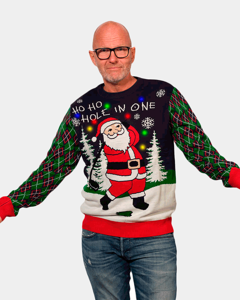 Pull de Noël pour Couple Lumineux LED Père Noël jouant au Golf homme
