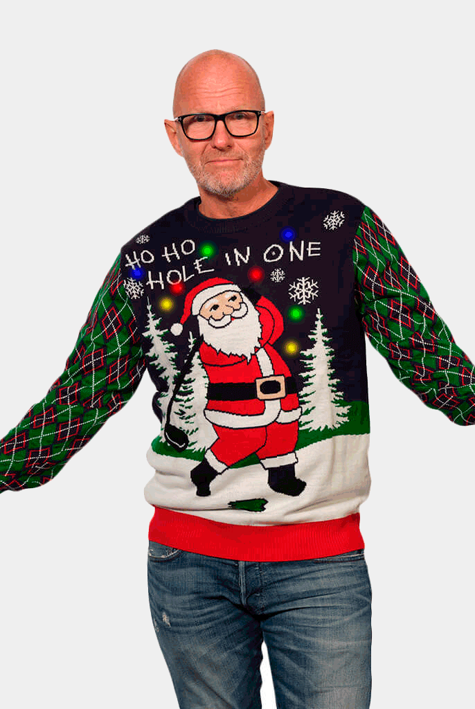 Pull de Noël pour Couple Lumineux LED Père Noël jouant au Golf homme