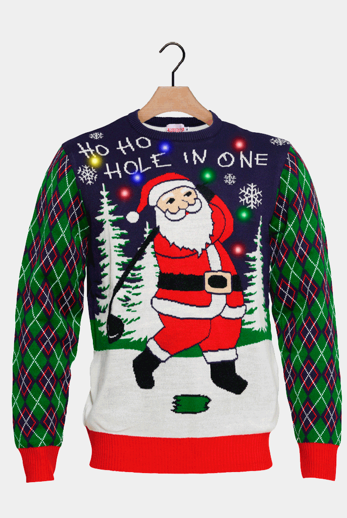 Pull de Noël pour Couple Lumineux LED Père Noël jouant au Golf