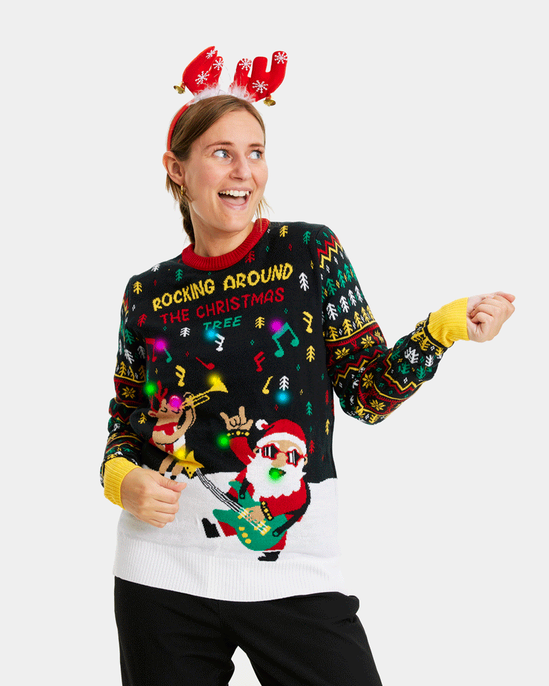 femme Pull de Noël pour Couple Lumineux LED Père Noël Rocker