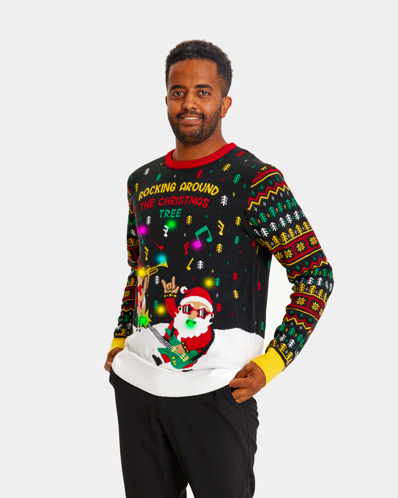 homme Pull de Noël pour Couple Lumineux LED Père Noël Rocker