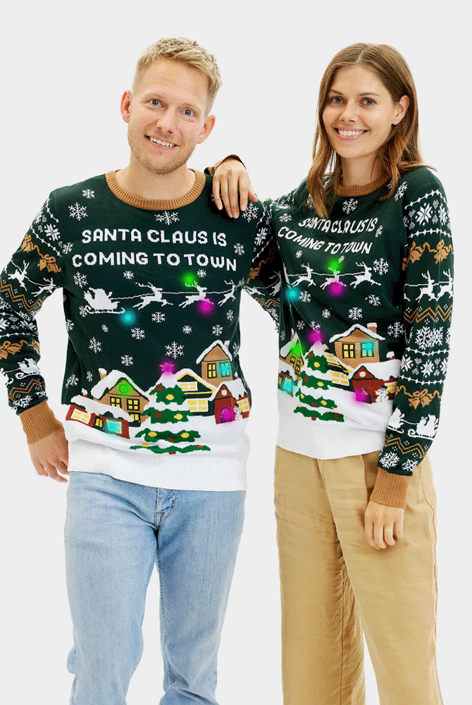 Pull de Noël pour Couple Lumineux LED Santa is Coming to Town