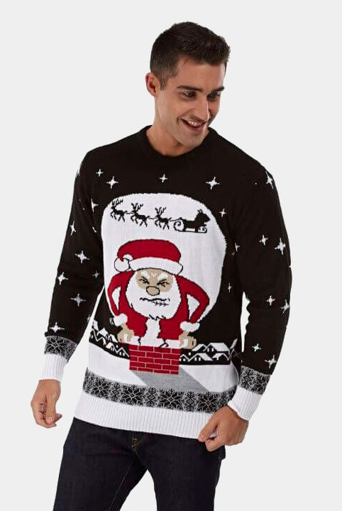 Pull de Noël pour Couple Père Noël coincé dans la Cheminée homme