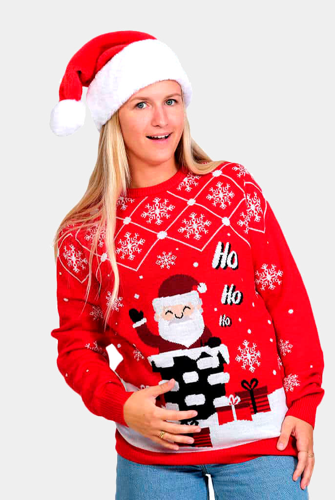 Pull de Noël pour Couple avec Père Noël Entrant par la Cheminée femme