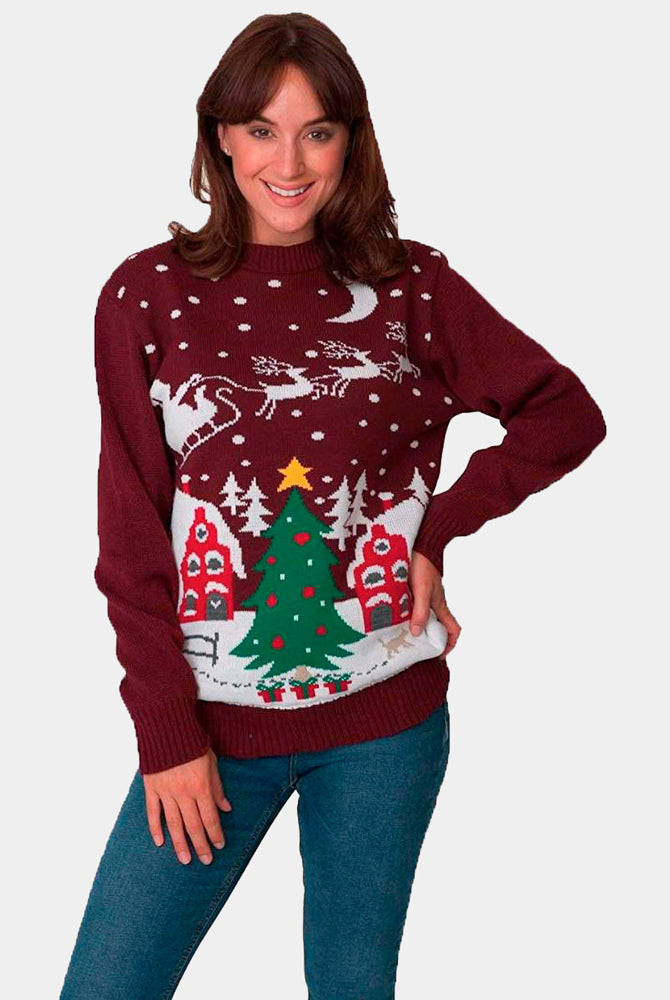 Pull de Noël pour Couple Père Noël en Traîneau et Sapin de Noël femme