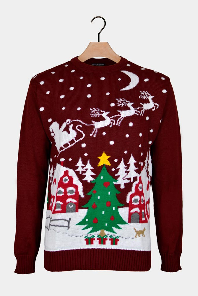 Pull de Noël pour Couple Père Noël en Traîneau et Sapin de Noël