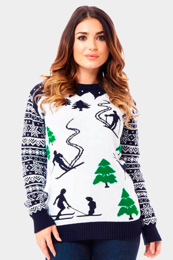 Pull de Noël pour Couple Piste de Ski et Skieurs femme