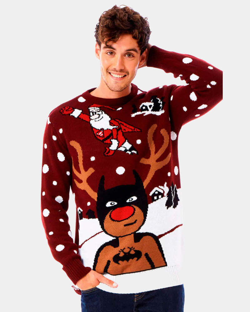 Pull de Noël pour Couple Renne Batman Père Noël Superman homme