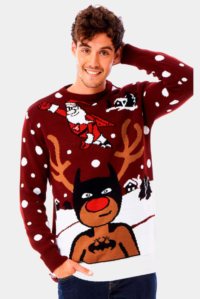 Pull de Noël pour Couple Renne Batman Père Noël Superman homme