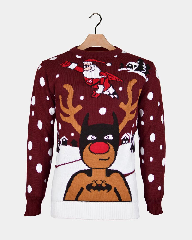 Pull de Noël Couple Renne Batman Père Noël Superman